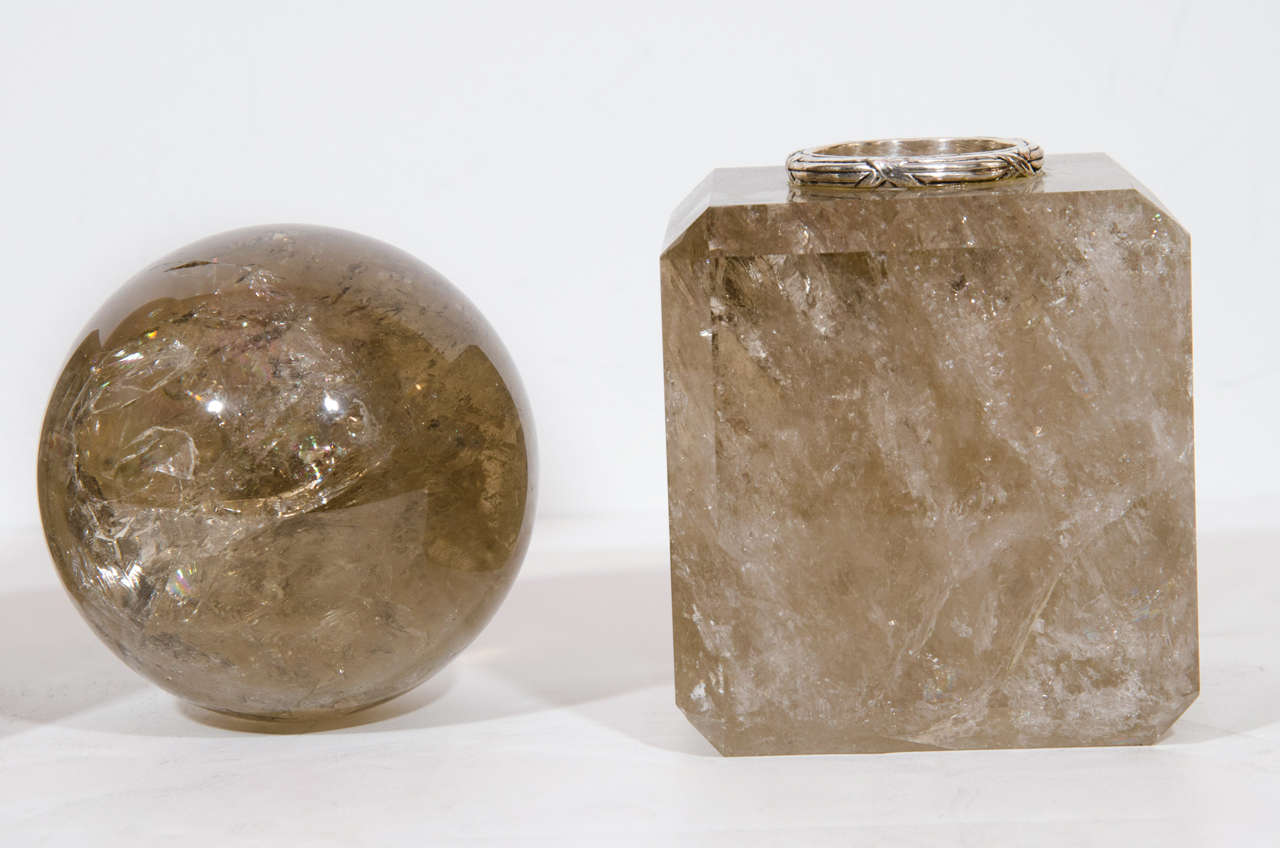 Pair of Art Deco Style Smokey Cut Rock Crystal Ball Form Ornaments In Excellent Condition For Sale In New York, NY