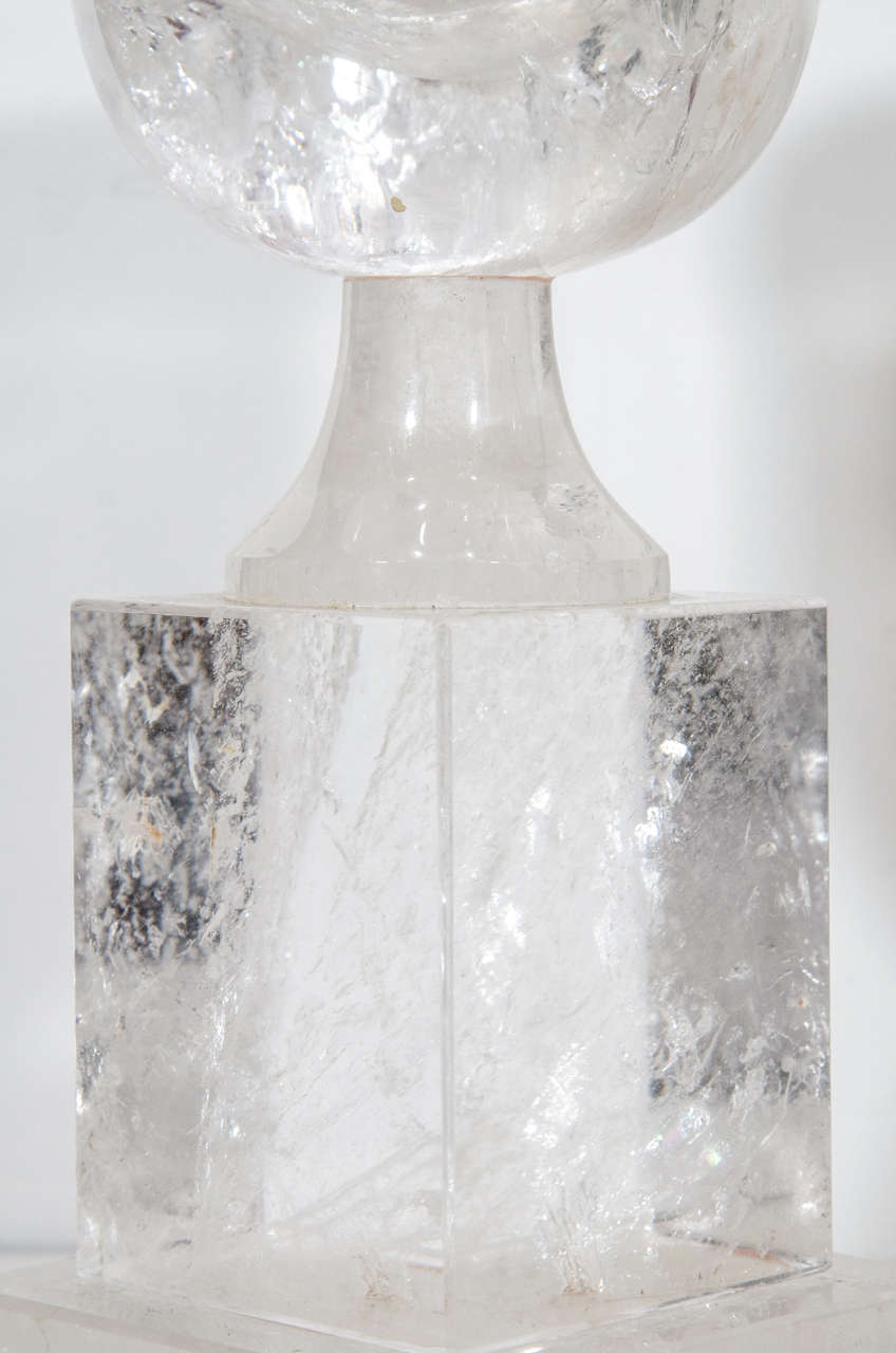 Contemporary Pair of Superb and Unusual Art Deco Style Cut Rock Crystal Urns For Sale