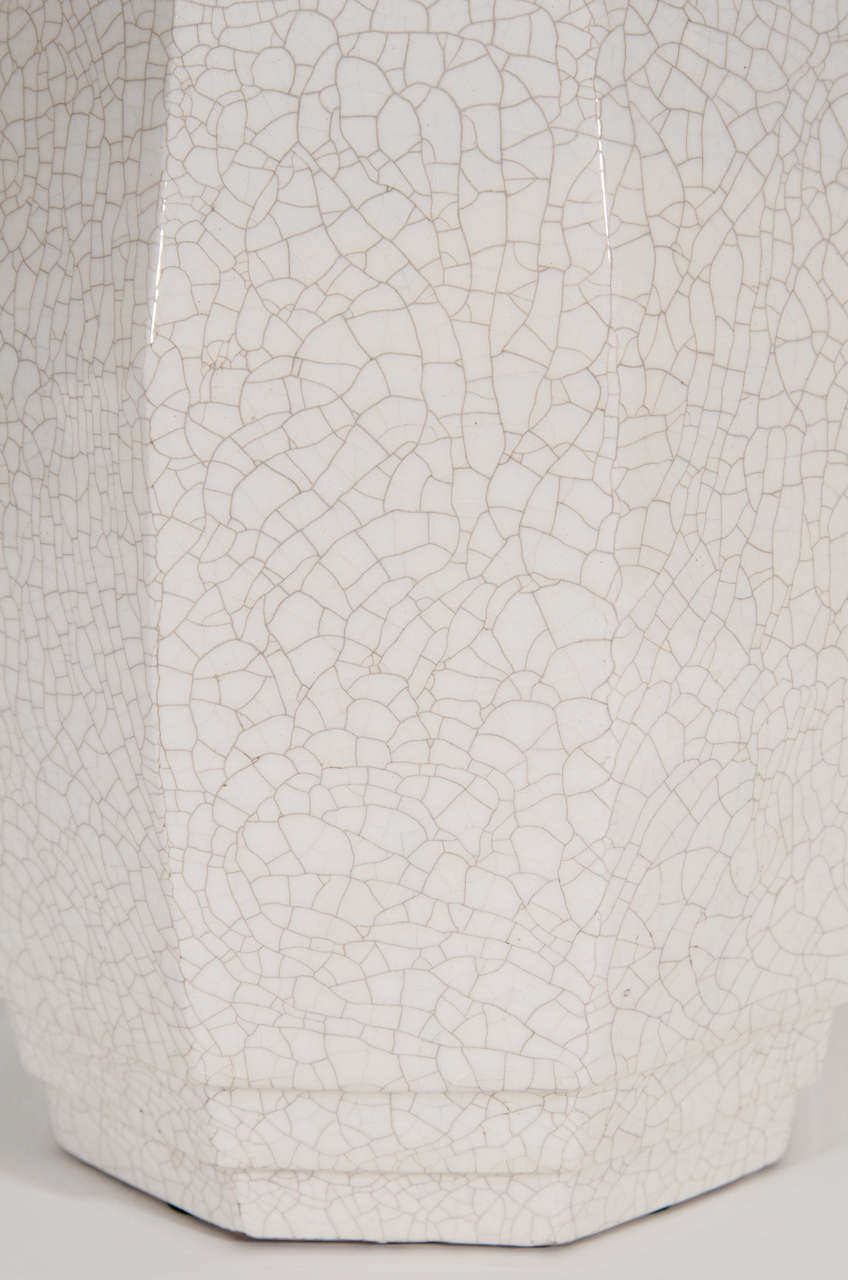 Mid-Century Modern Beige Crackle Ceramic Angular Vase Lamp