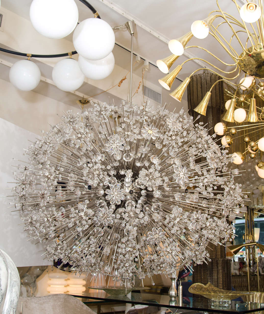 Monumental sputnik chandelier composed of rays  of crystal stars and flowers by Lobmeyr. In the style of the Metropolitan Opera House fixtures.<br />
