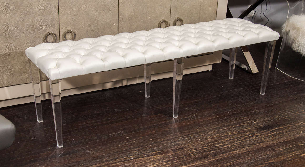 Custom tufted leather bench with Lucite legs. The price listed is with customer own material/leather (COM/COL). Custom orders are available for different sizes.
