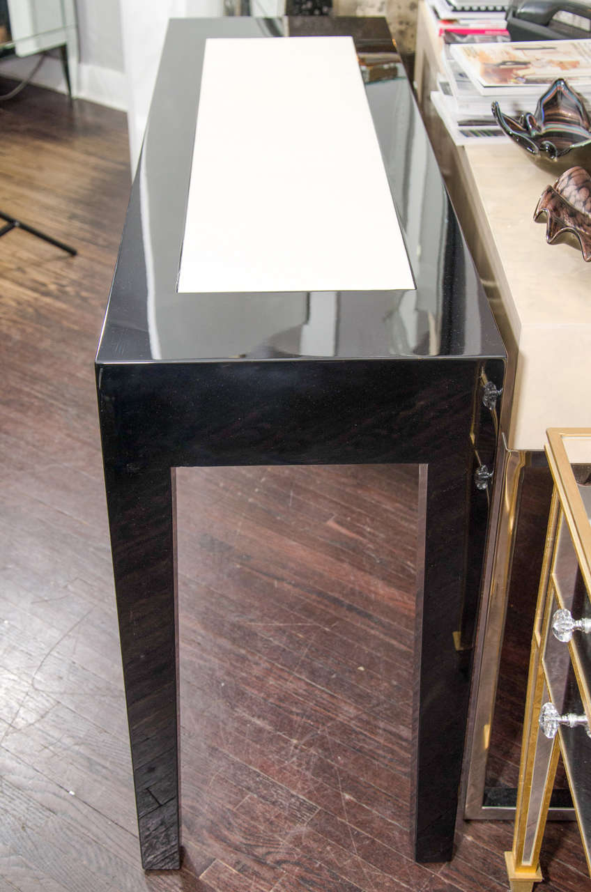 Custom Black Lacquer Console Table with Shagreen Insert In Excellent Condition In New York, NY