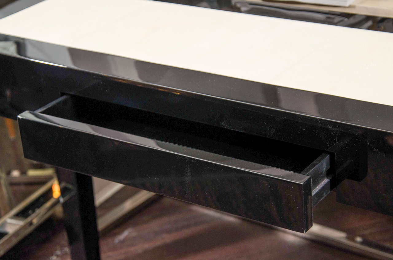 Contemporary Custom Black Lacquer Console Table with Shagreen Insert