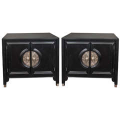 Mid Century Black Satin Lacquer Moroccan Style Nightstands
