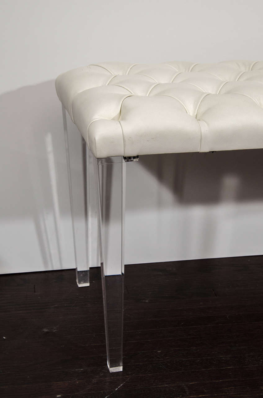 Custom Tufted Leather with Lucite Leg Bench For Sale at 1stdibs