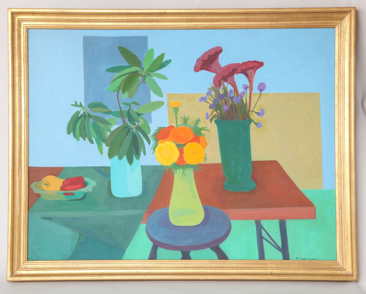 A beautiful oil painting of a still life arrangement of flowers simply rendered in oil on canvas by Rebecca Cooperman. Exhibited at Lever House by The League of Transient Beauty in 1989. In a gilded wood frame.