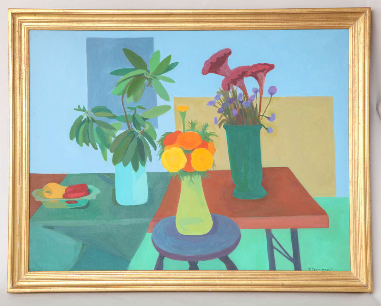 Ein schönes Ölgemälde eines Blumenstilllebens, das von Rebecca Cooperman einfach in Öl auf Leinwand gemalt wurde. Ausgestellt im Lever House von der League of Transient Beauty 1989. In einem vergoldeten Holzrahmen.