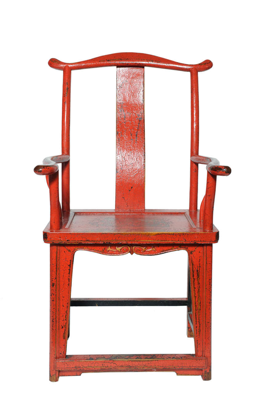 19th Century Red Lacquered Wood Chinese Armchair