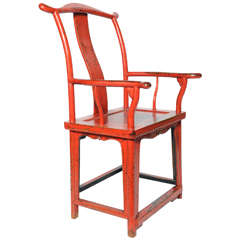 19th Century Red Lacquered Wood Chinese Armchair
