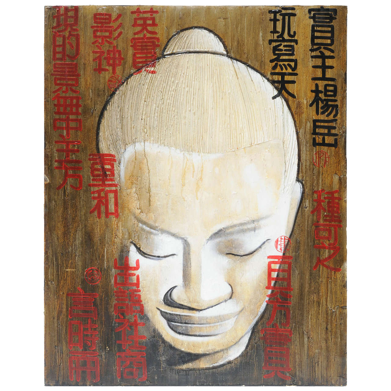Buddha Head, Vintage Painting from Hong Kong For Sale