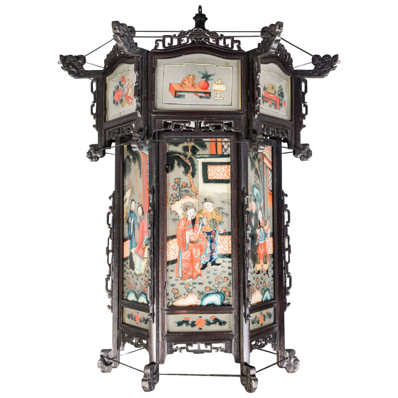 19th Century Chinese Lantern in Carved Ebonized Dark and Glass Panels