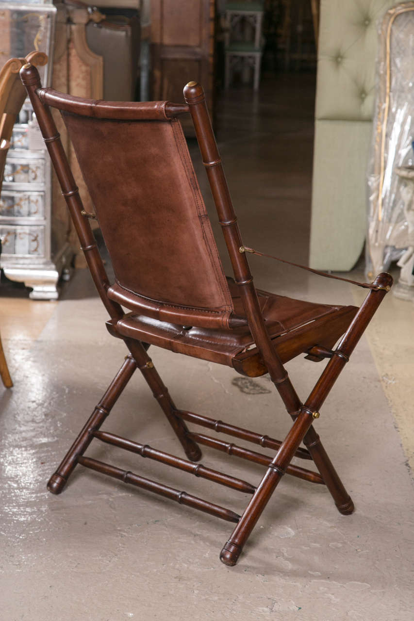 Set Ten Leather Bamboo Style Folding Chairs In Fine Button Tufted Leather In Good Condition In Stamford, CT