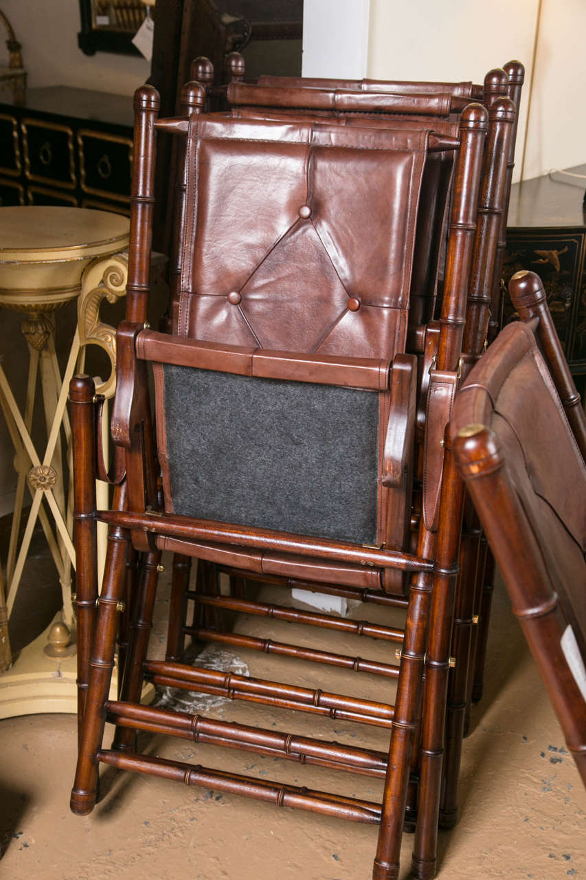 Late 20th Century Set Ten Leather Bamboo Style Folding Chairs In Fine Button Tufted Leather