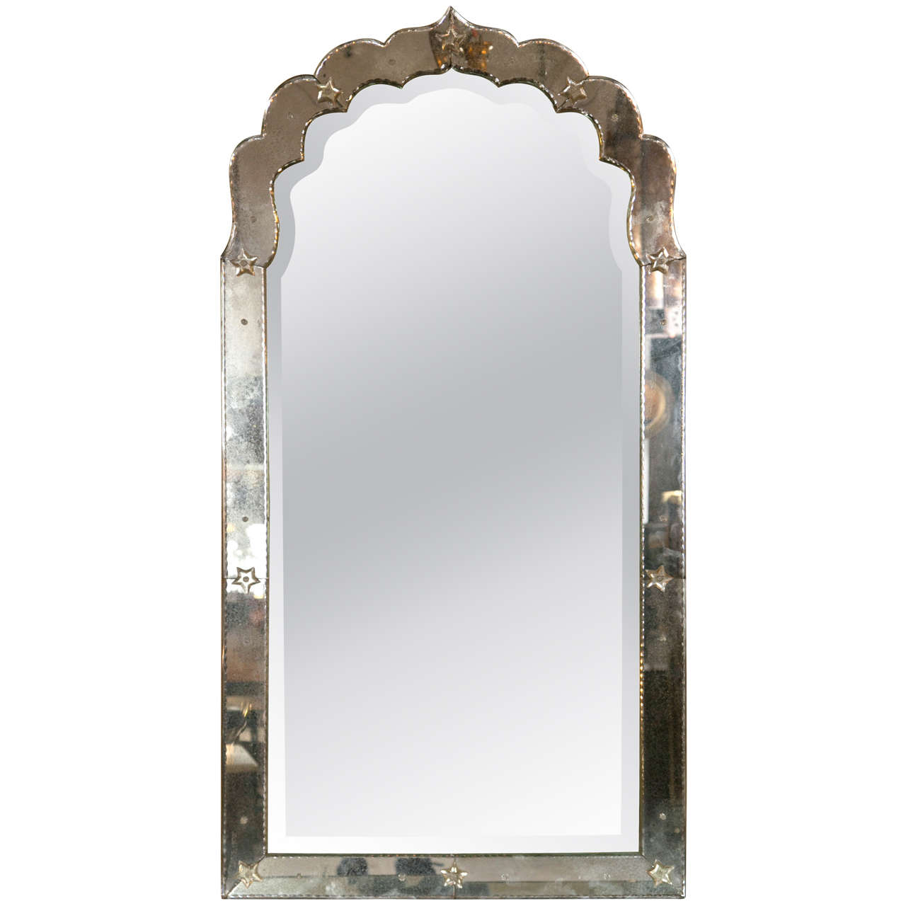 Absolutely stunning antiqued Hollywood Regency Venetian Doris Duke style pair of mirrors. The Fine beveled glass center panel framed in a ten panel outer distressed mirror. The backs of wood and heavy metal supports for hanging. Can buy one or the