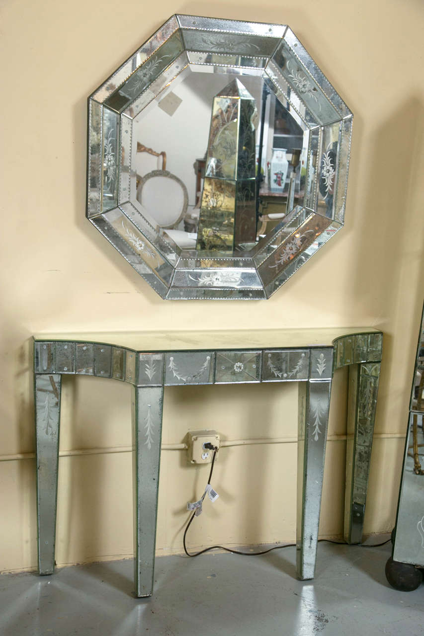 Pair of Etched Glass Hollywood Regency Mirrored Consoles For Sale at