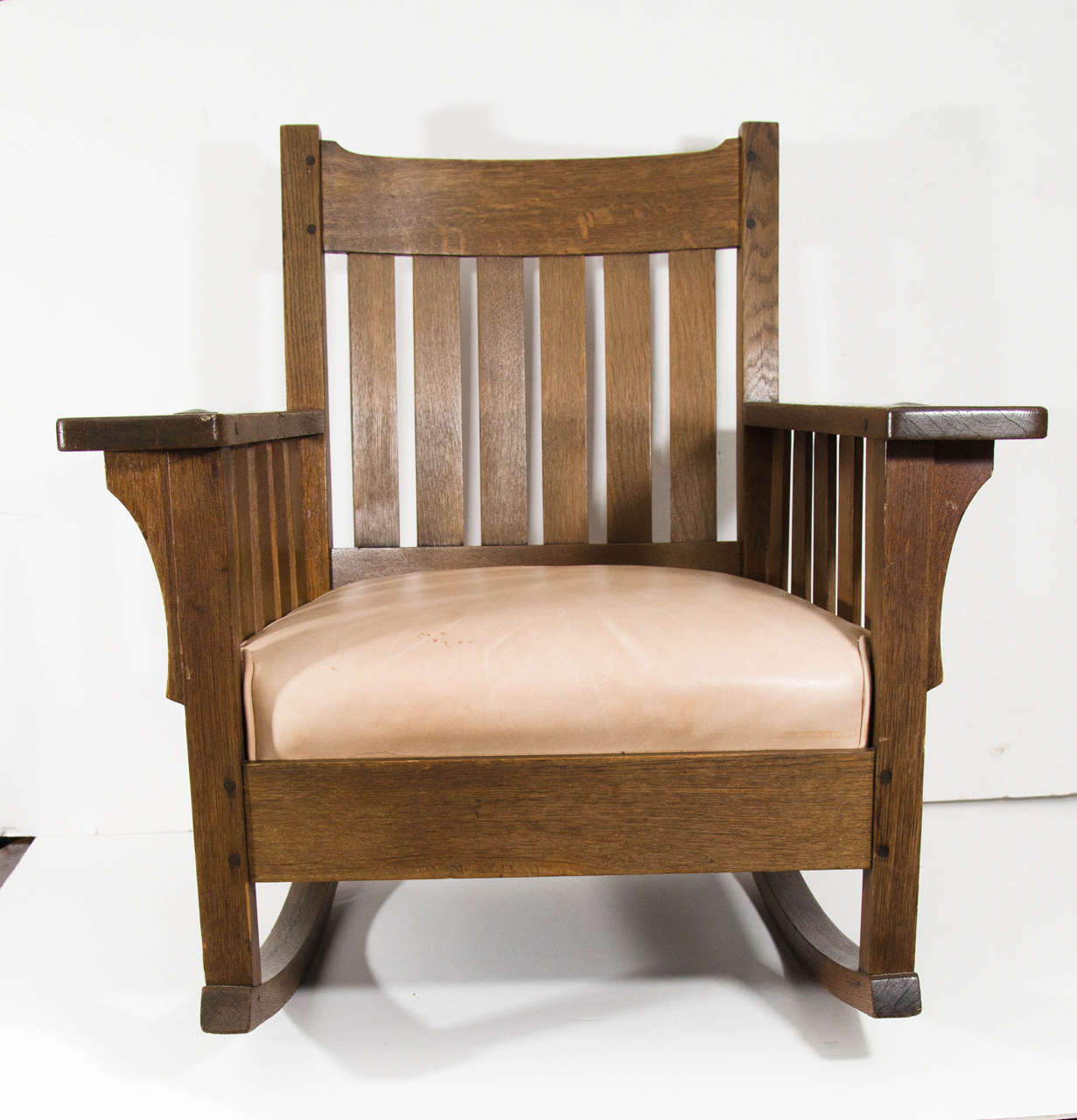 Stickley Style Upholstered Rocking Chair, attached seat.