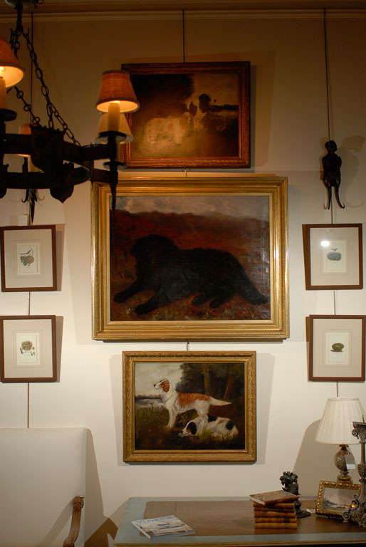 Pair of English oil paintings of sporting dogs in gilt frames.