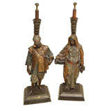 Pair of Orientalist white metal, polychromed standing figures