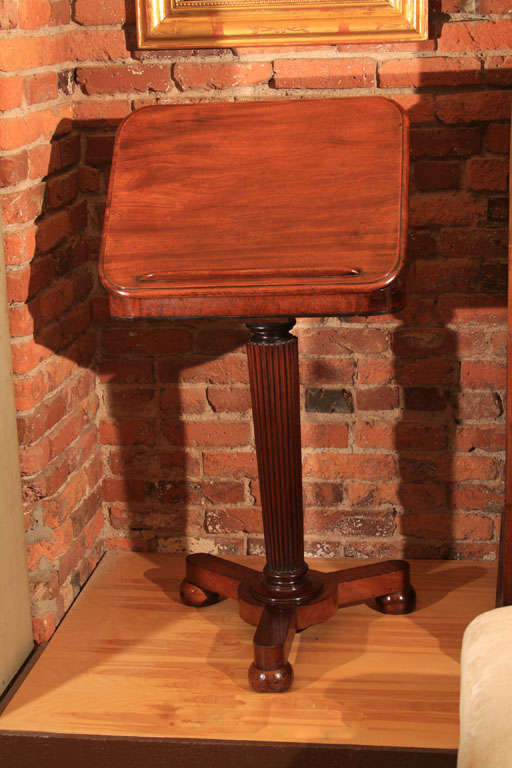 English Regency Mahogany Reading Table

The one board top is adjustable and can be closed to lay flat to become a side table.  It has an area for storage which also holds the adjustable bracket.  The sides of the top are cross-banded and trimmed