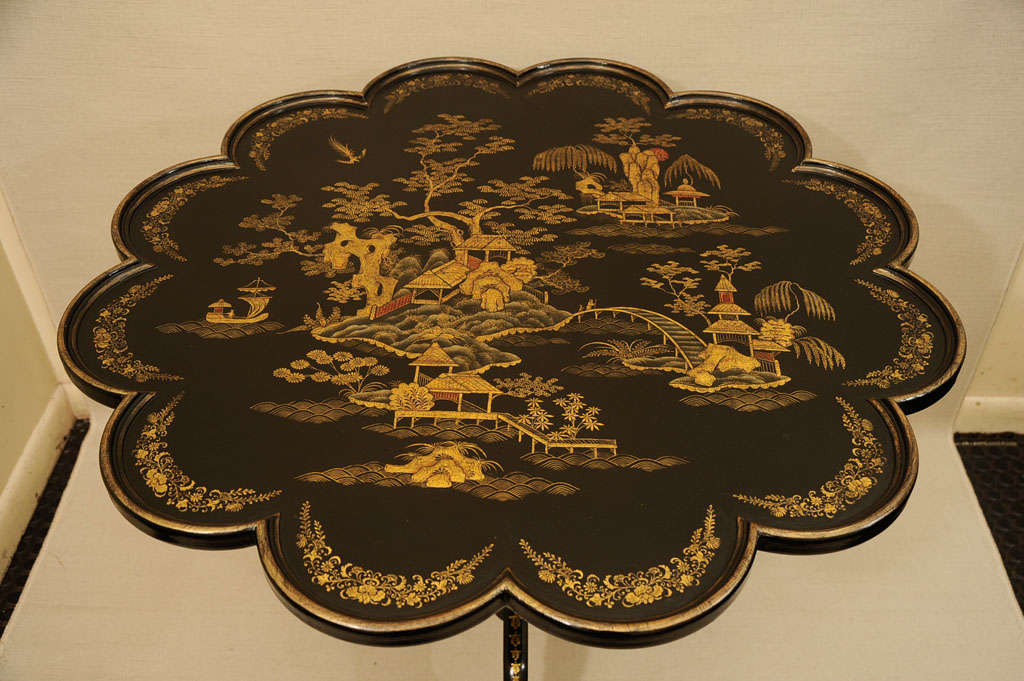 English Hand-Painted Chinoiserie Pie Crust Table, England, Late 20th C.