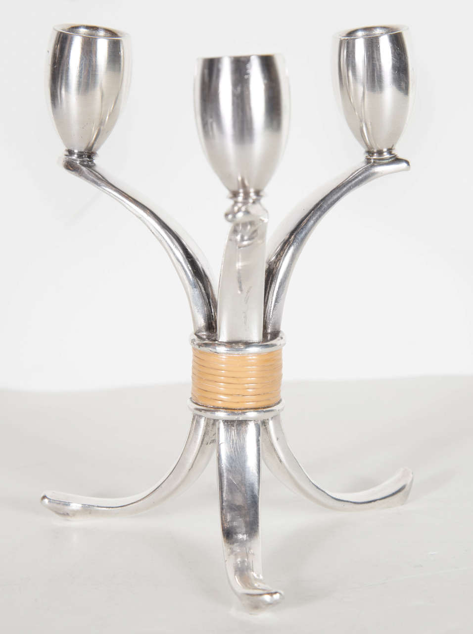 Elegant Silver-Plated Tripod Candelabra with tan enamel cording