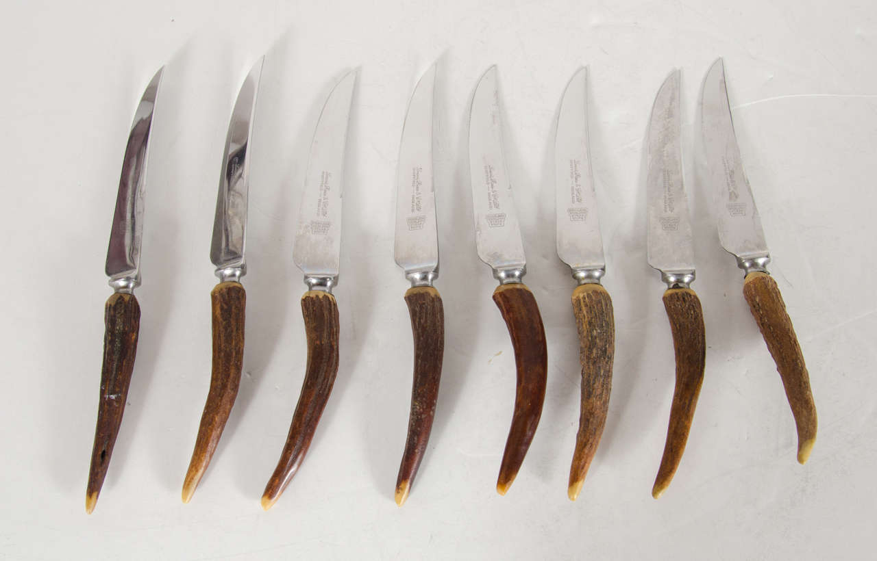 These very sophisticated knife will as visual and organic interest to any table.They are signed Lewis,Rose and co made in Sheffield England. They feature a curved horn handle and a signed stainless blade.