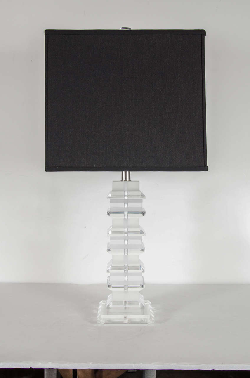 Pair of Mid-Century Modernist Stacked Clear and Frosted Lucite Table Lamps