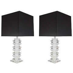 Pair of Mid-Century Modernist Stacked Clear and Frosted Lucite Table Lamps