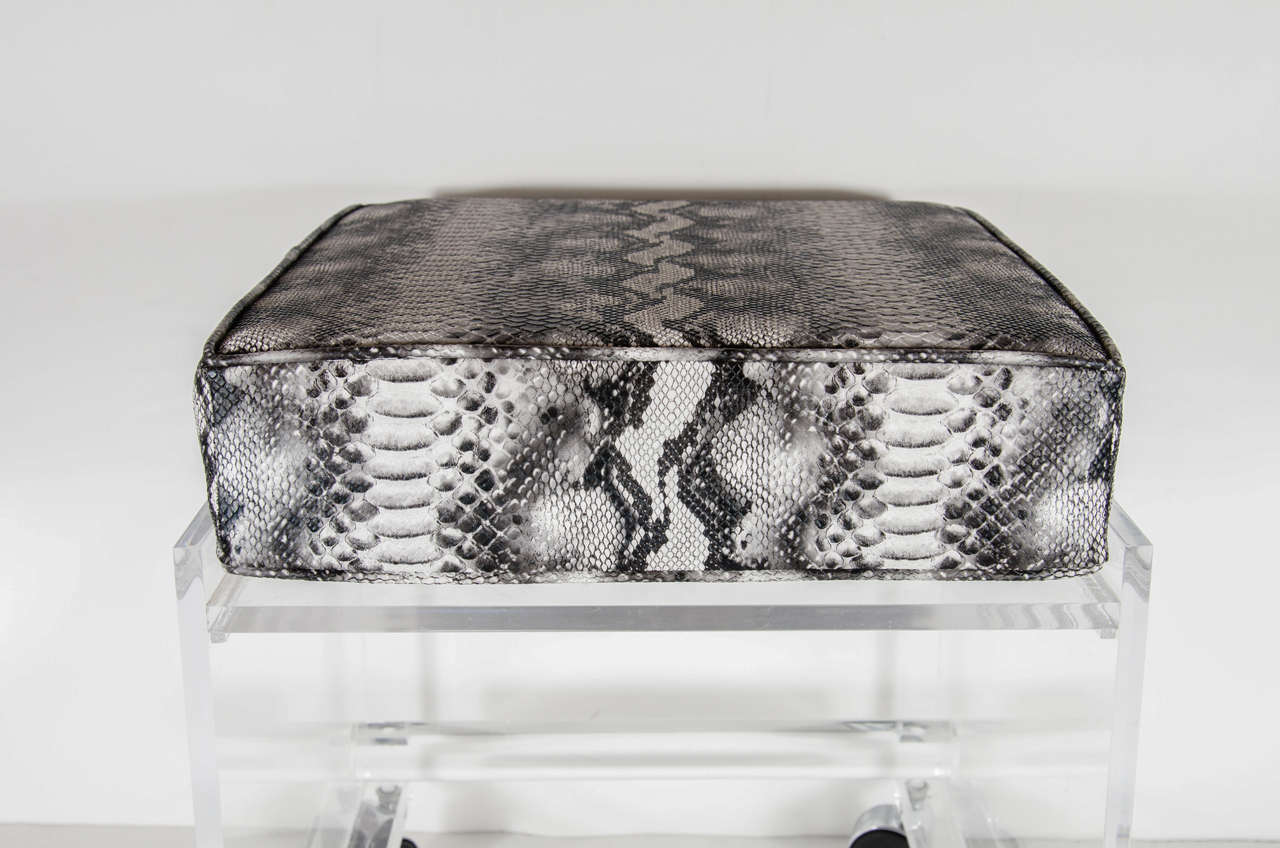 Faux Leather Mid-Century Modernist Lucite Stool with Faux Python Upholstery For Sale
