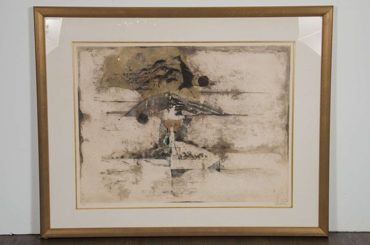 This abstract etching by Johnny Friedlaender is signed and numbered 95/95. It is all done in neutral shades so it will mix beautifully with other art. The etching itself is 24 x 31. It is framed in a gallery 24-karat yellow antique gold frame with