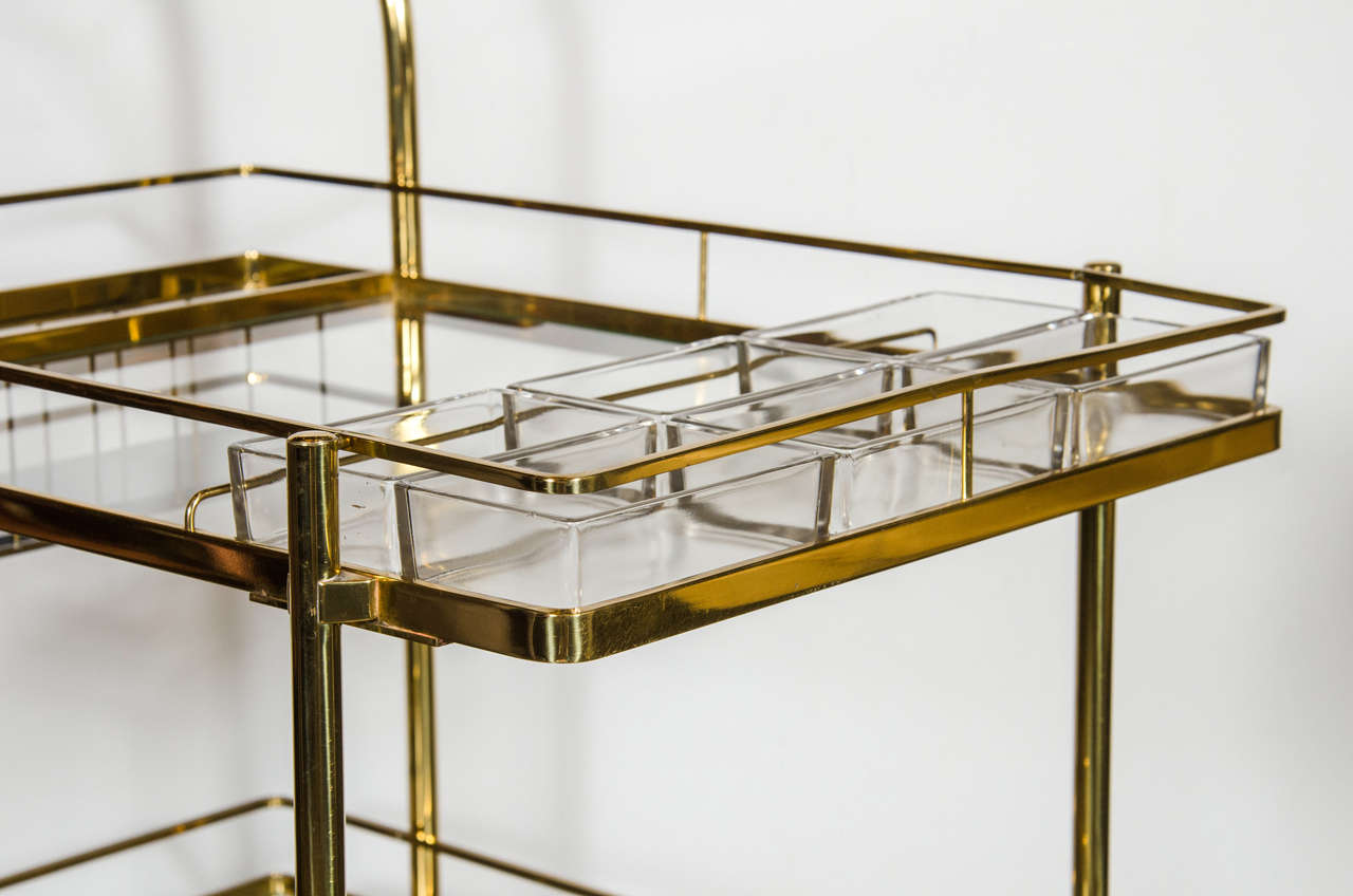 American Sophisticated Mid-Century Modern Bar Cart in Brass with Glass Shelves