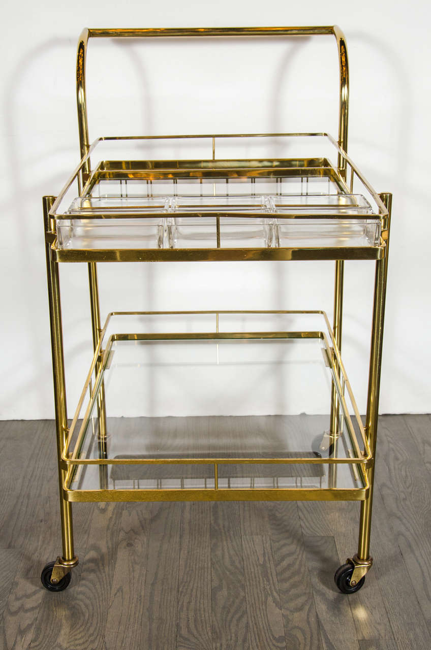 Sophisticated Mid-Century Modern Bar Cart in Brass with Glass Shelves In Excellent Condition In New York, NY