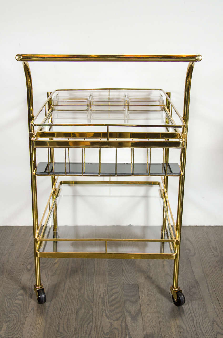 Sophisticated Mid-Century Modern Bar Cart in Brass with Glass Shelves 2