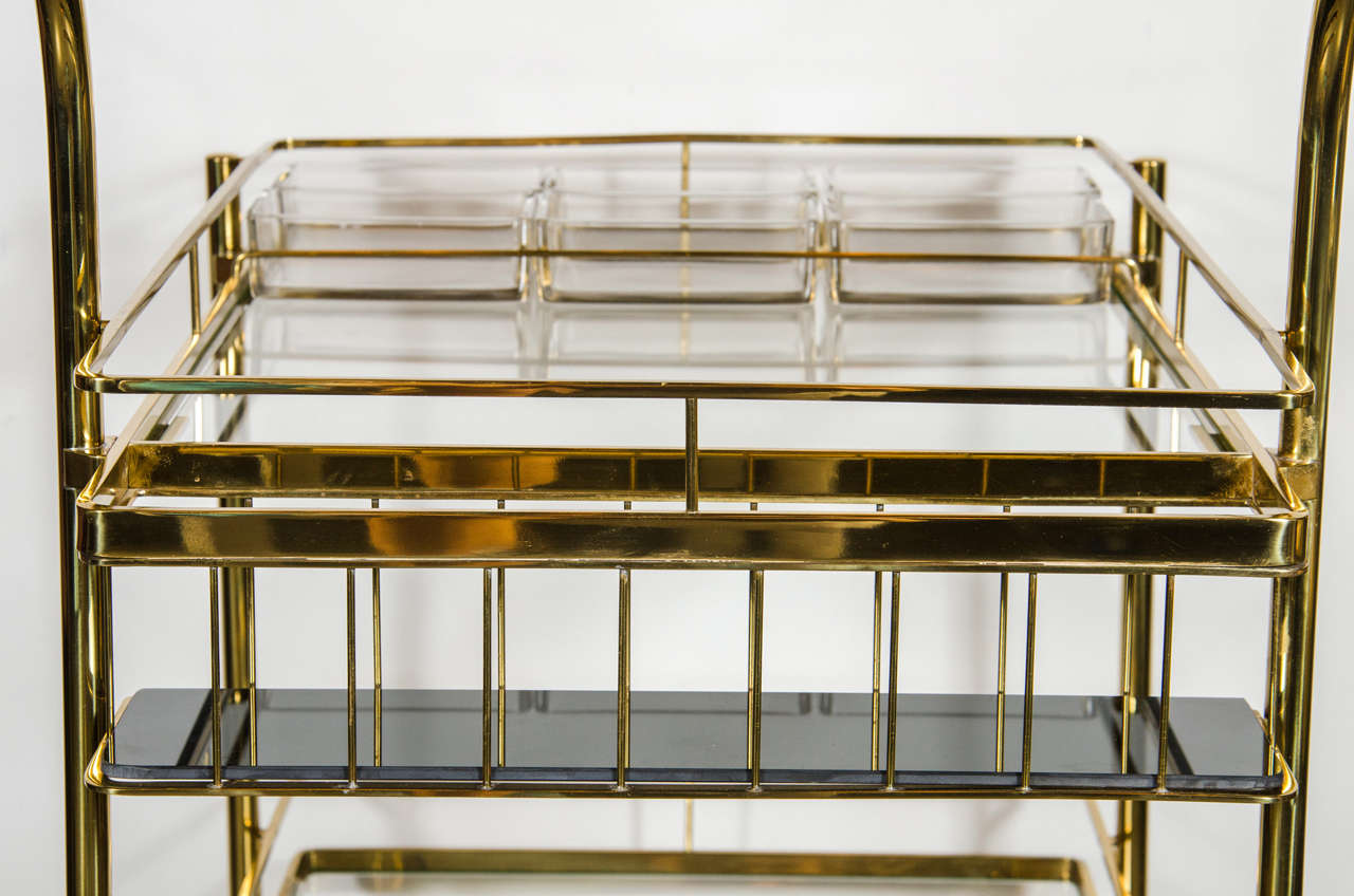 Sophisticated Mid-Century Modern Bar Cart in Brass with Glass Shelves 3
