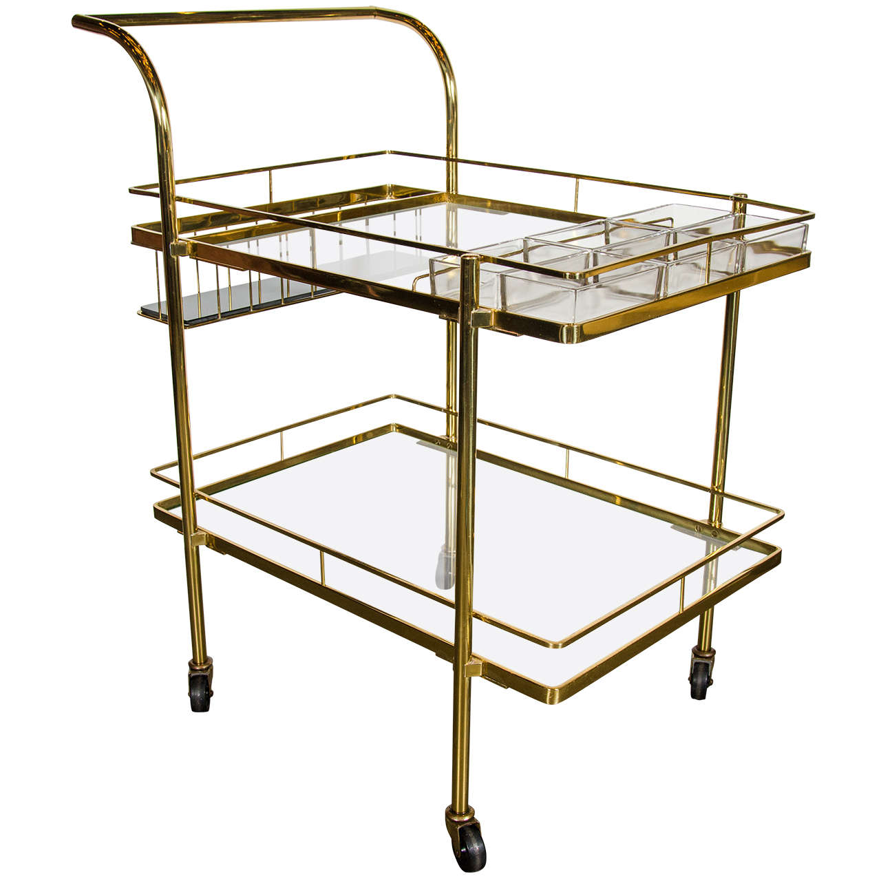 Sophisticated Mid-Century Modern Bar Cart in Brass with Glass Shelves