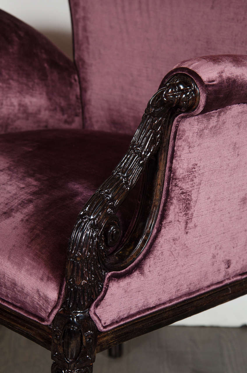American Pair of 1940s Wingback Chairs in Smoked Amethyst Velvet by Grosfeld House