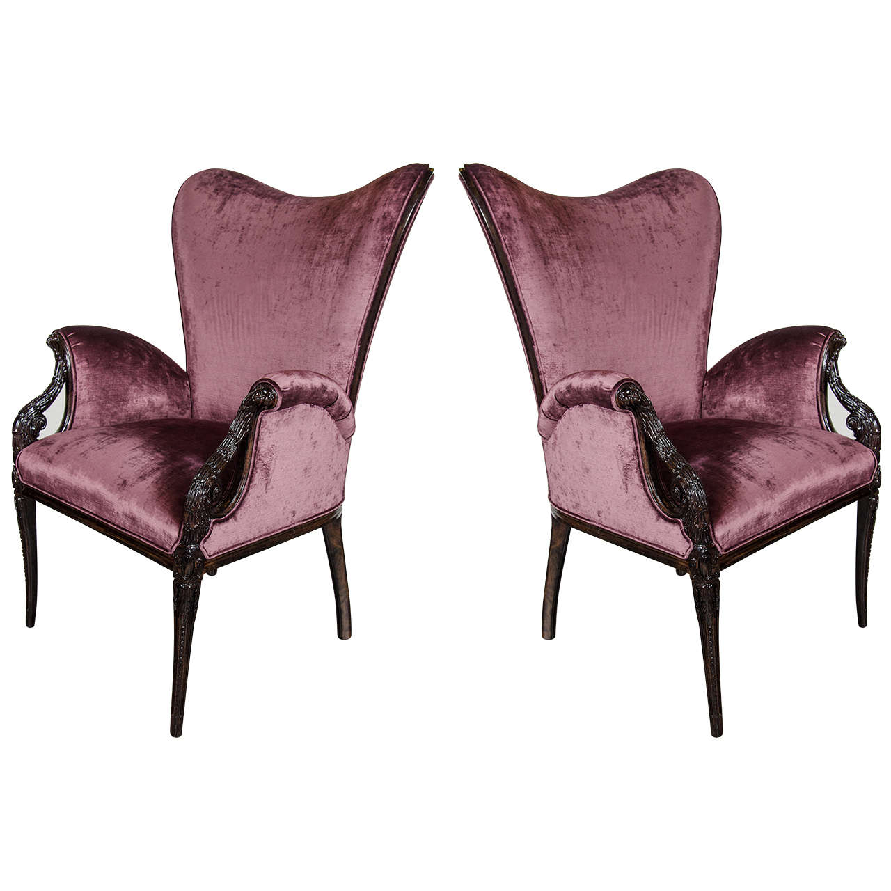 Pair of 1940s Wingback Chairs in Smoked Amethyst Velvet by Grosfeld House