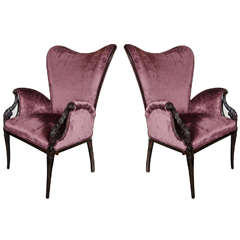 Pair of 1940s Wingback Chairs in Smoked Amethyst Velvet by Grosfeld House