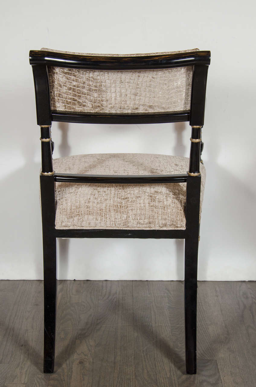 Velvet Elegant Pair of Mid-Century Modernist Neoclassical Scroll Arm Chairs