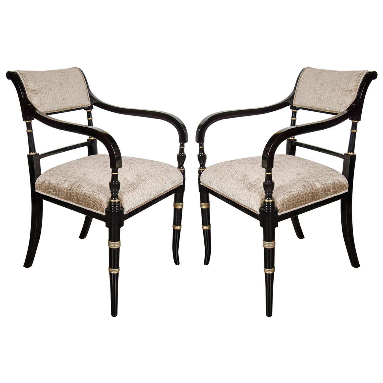 Elegant Pair of Mid-Century Modernist Neoclassical Scroll Arm Chairs
