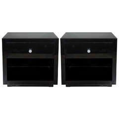 Pair of Modernist Black Mirror End Tables or Night Stands with Murano Pulls