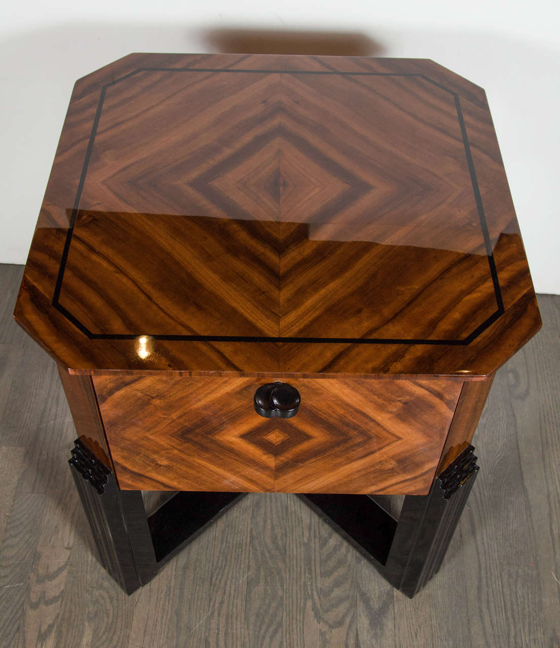 Mid-20th Century Impressive Art Deco Bar Table with Drop-Down Doors and Bookmatched Walnut Inlay