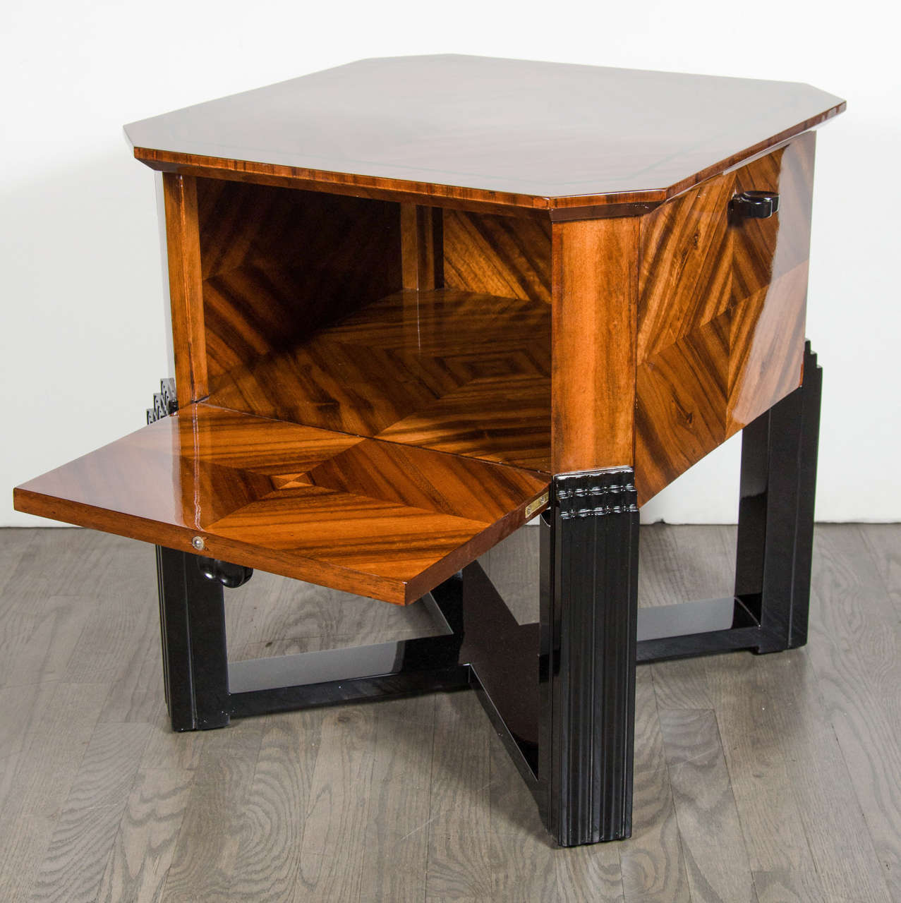 Impressive Art Deco Bar Table with Drop-Down Doors and Bookmatched Walnut Inlay 2