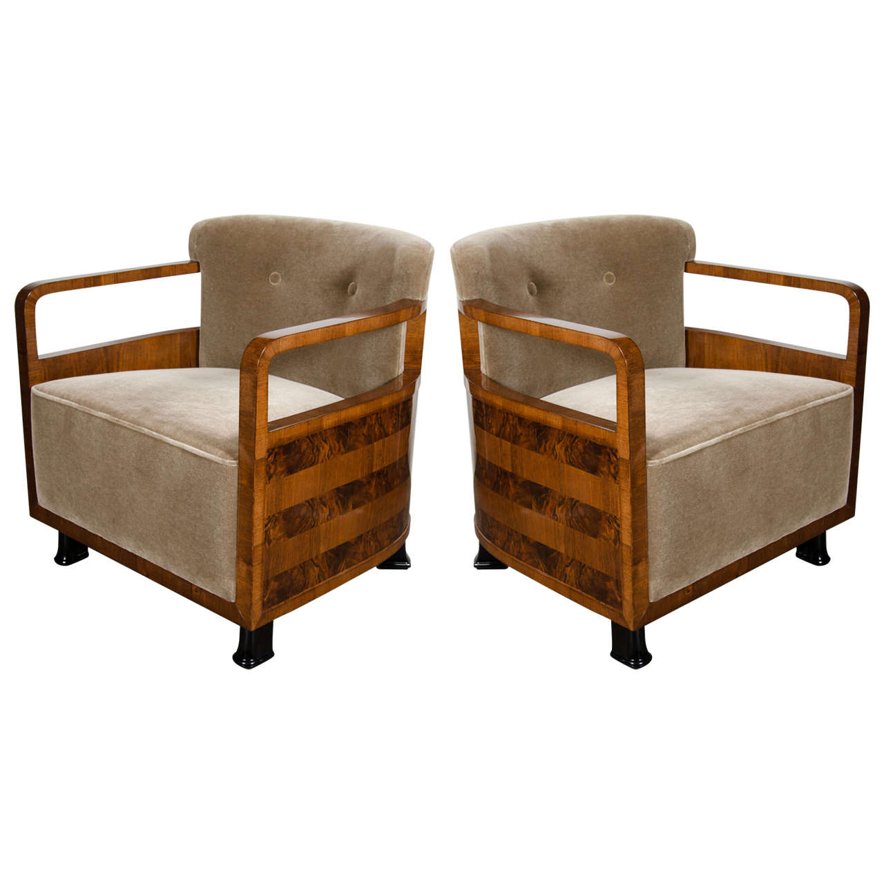 Pair of Art Deco Bauhaus Armchairs with Exotic Inlay and Mohair Upholstery