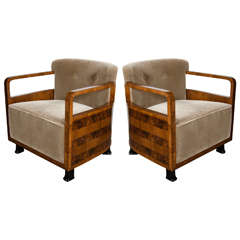 Pair of Art Deco Bauhaus Armchairs with Exotic Inlay and Mohair Upholstery