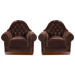 Pair of Art Deco Button-Back Club Chairs in Book-Matched Walnut and Mohair