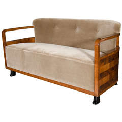 Superb Art Deco Bauhaus Loveseat with Exotic Walnut Inlay and Mohair Upholstery