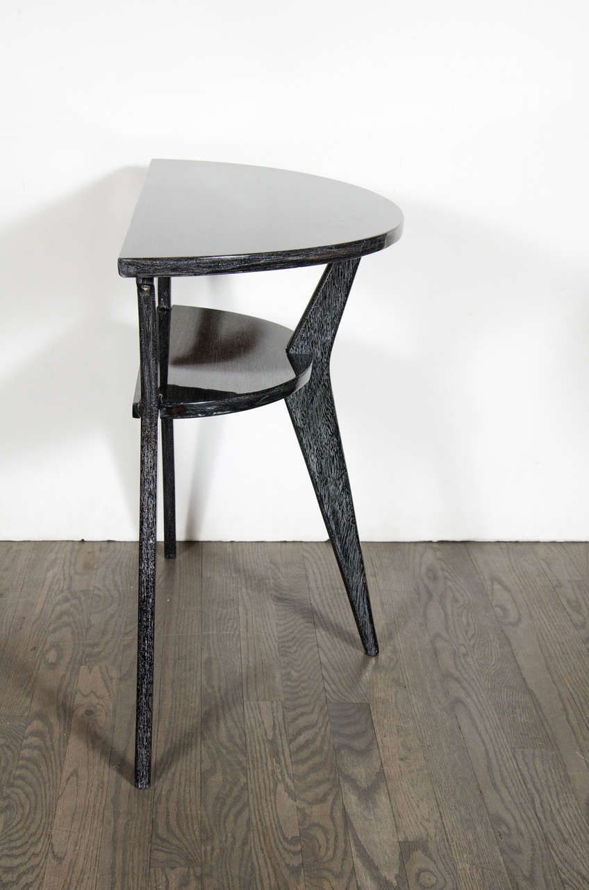 MidCentury Modernist Splayed Leg, Silver Cerused Demilune Console