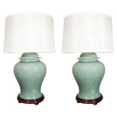 Pair of Celadon Crackle Lamps, 20th Century