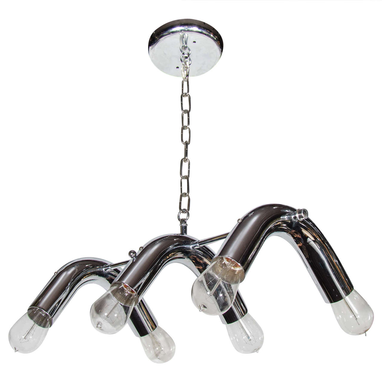 Tubular chrome frame design with six retro style filament lights.
Adjustable chain height.
